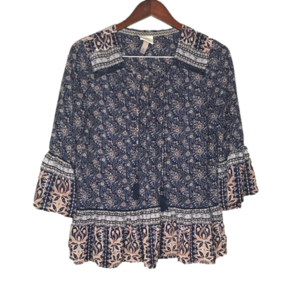 Knox Rose Boho Style Navy and Beige Floral Sheer Top with Bell Sleeves